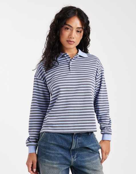 Brave Soul long sleeve rugby top in blue and grey stripe - view 1