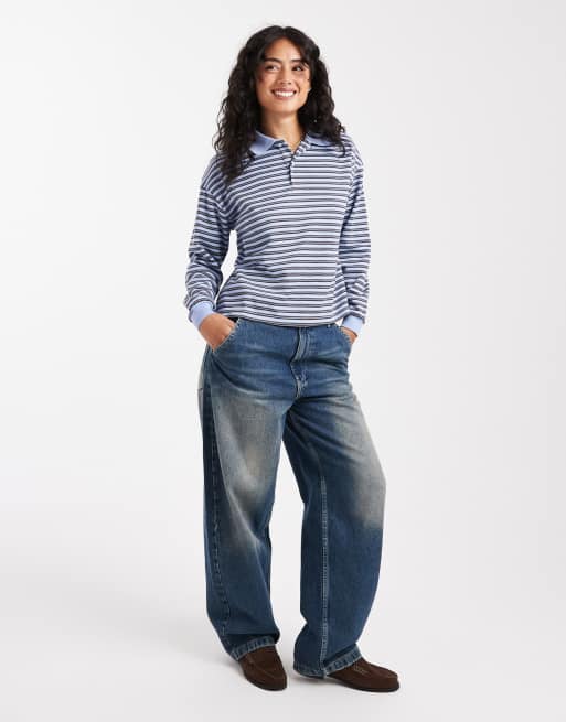Brave Soul long sleeve rugby top in blue and grey stripe