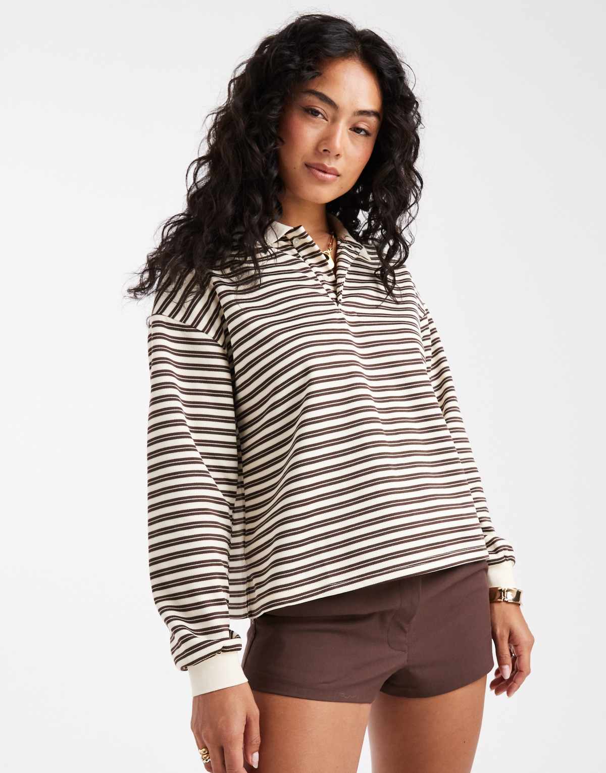 Brave Soul long sleeve rugby top in cream and brown stripe
