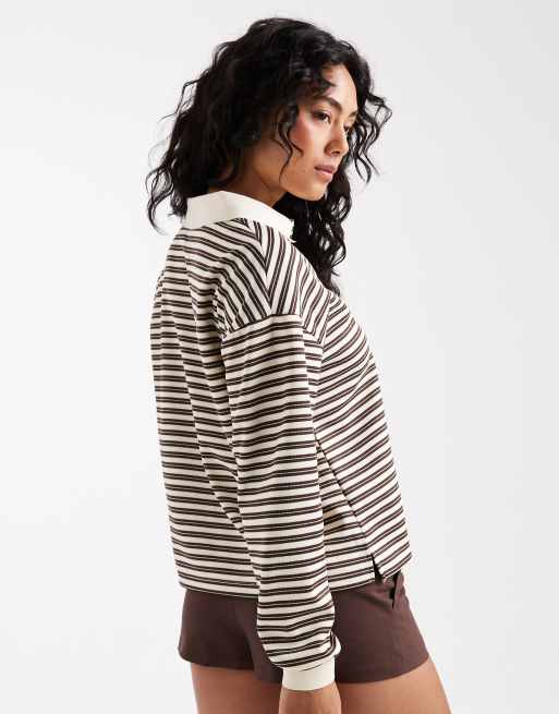 Brave Soul long sleeve rugby top in cream and brown stripe, 3 of 4