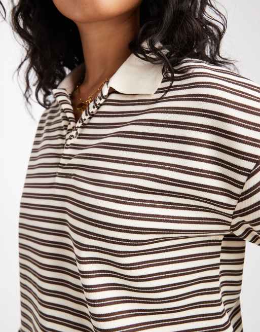 Brave Soul long sleeve rugby top in cream and brown stripe, 4 of 4