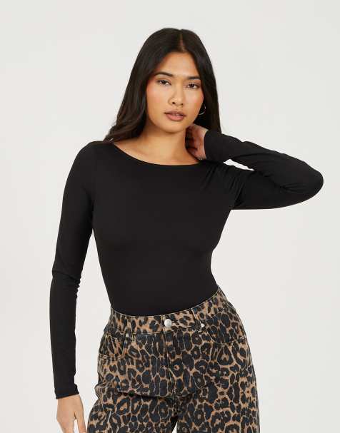 Brave Soul Long sleeve scoop back bodysuit in black - view 1