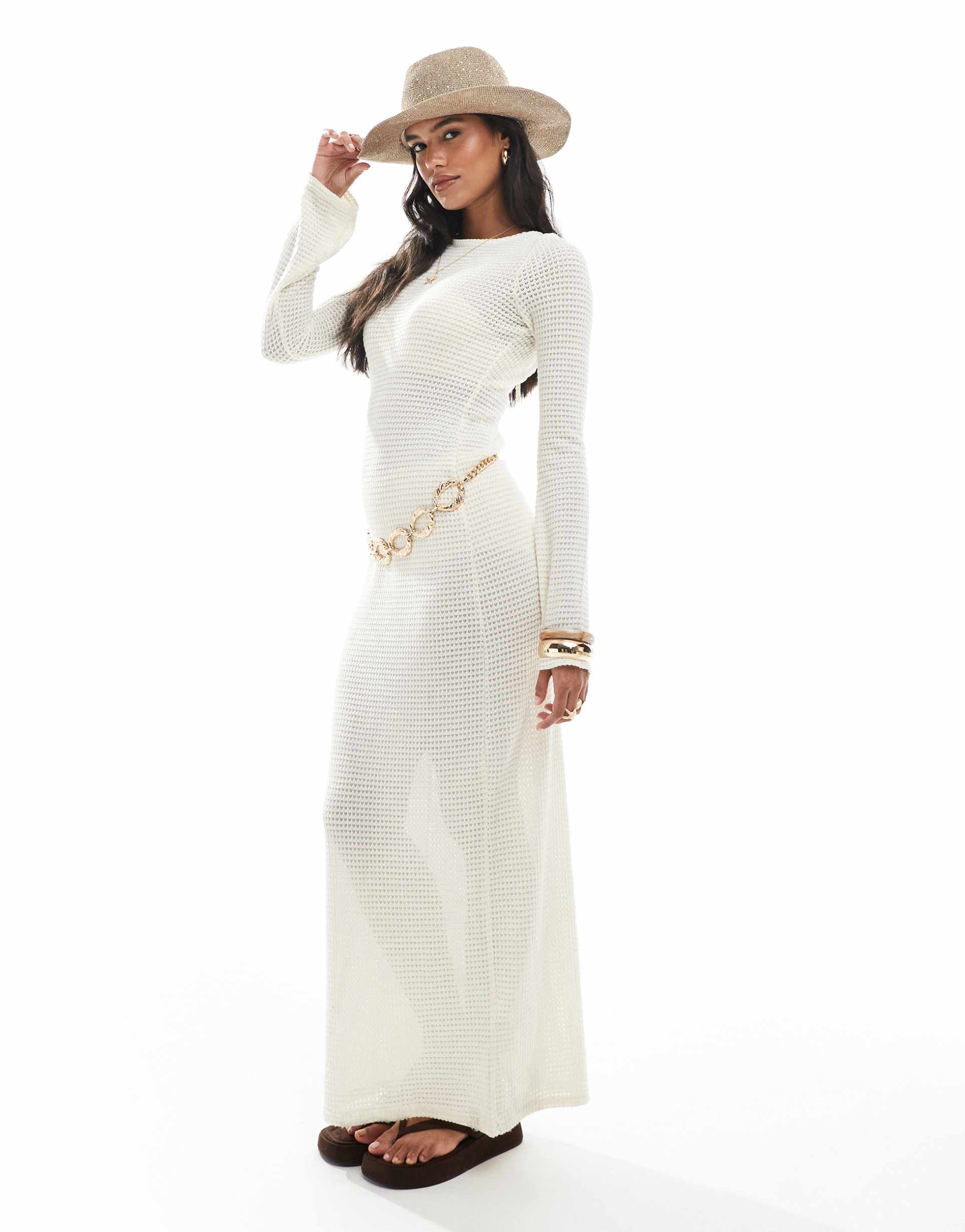 brave soul long sleeve sheer knit beach maxi dress in cream