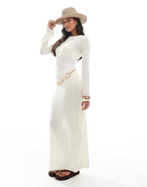 Brave Soul long sleeve sheer knitted beach maxi dress in cream