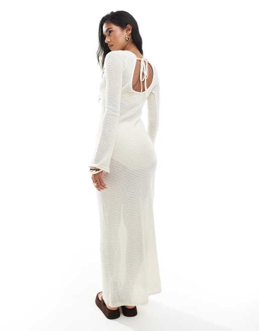 Brave Soul long sleeve sheer knitted beach maxi dress in cream, 3 of 4