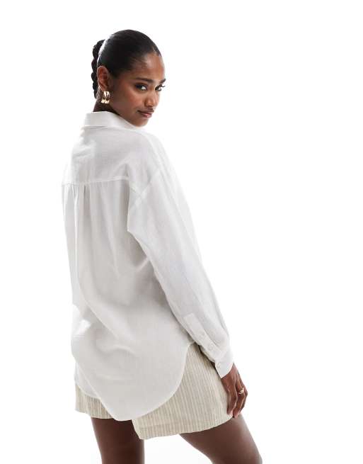 Brave Soul long sleeve shirt with linen in white, 3 of 4