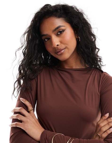 Brave Soul long sleeve slinky top in chocolate brown - view 1