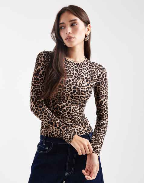 Brave Soul long sleeve soft touch jersey top with crew neck in leopard print - view 1