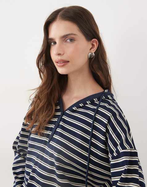 Brave Soul long sleeve stripe hoodie top in navy & cream - view 1