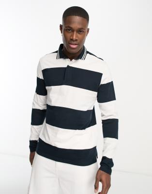 Brave Soul long sleeve stripe polo in navy & white