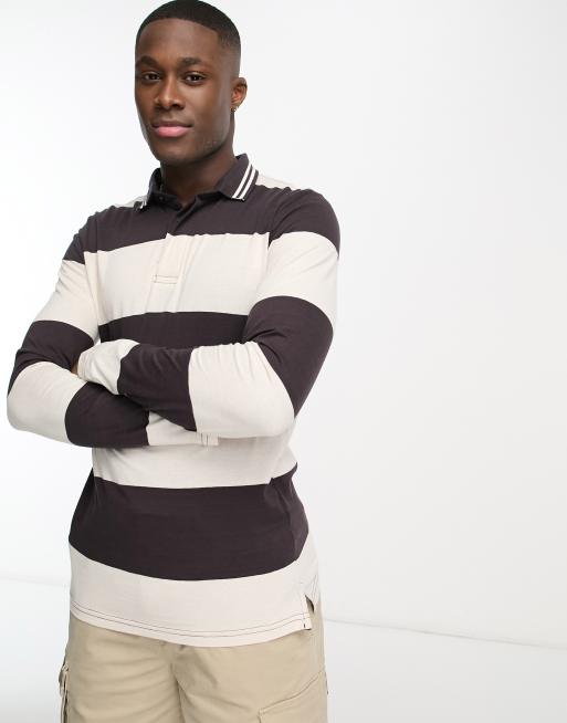 Brave Soul long sleeve striped polo in brown & stone