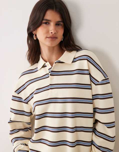 Brave Soul long sleeve striped rugby top in buttermilk & chocolate brown - view 1