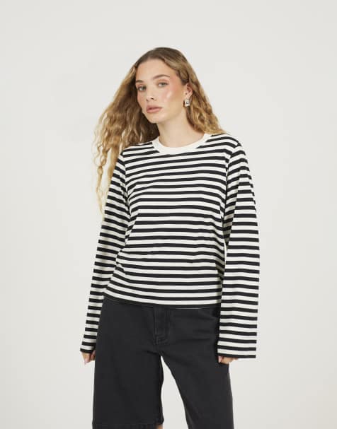 Brave Soul Long sleeve striped top in black