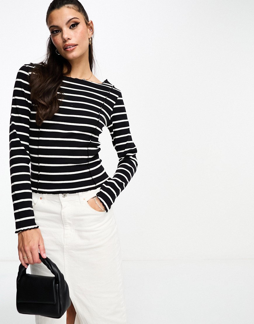 Brave Soul long sleeve striped top with ruffled collar in black