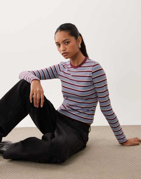 Brave Soul long sleeve tee in burgundy and blue stripe - view 1