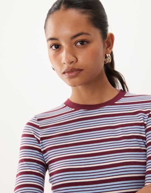 Brave Soul long sleeve tee in burgundy and blue stripe, 3 of 4