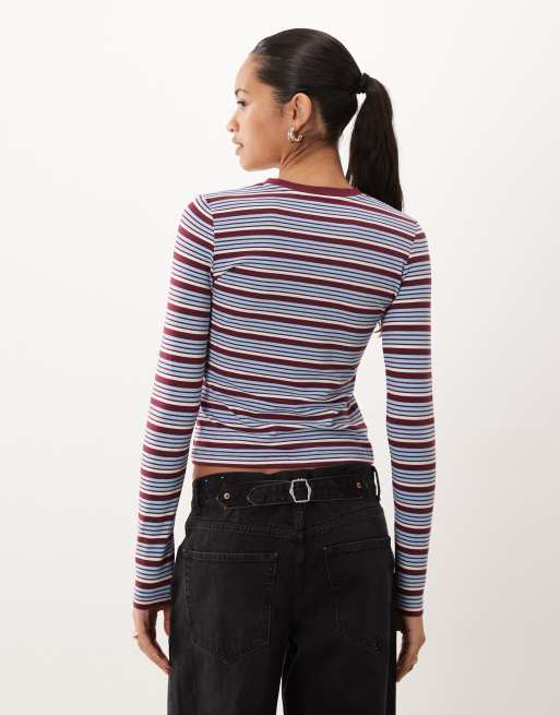 Brave Soul long sleeve tee in burgundy and blue stripe, 4 of 4