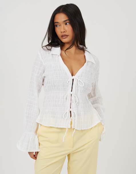 Brave Soul Long sleeve tie front smock top in cream - view 1