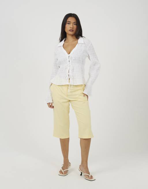 Brave Soul Long sleeve tie front smock top in cream, 3 of 4