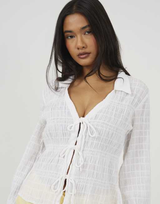 Brave Soul Long sleeve tie front smock top in cream, 4 of 4