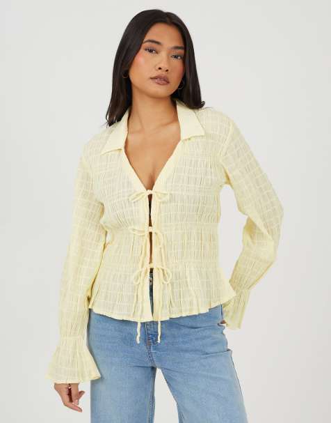 Brave Soul Long sleeve tie front smock top in lemon - view 1