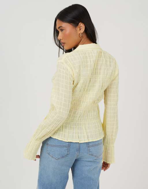Brave Soul Long sleeve tie front smock top in lemon, 2 of 4