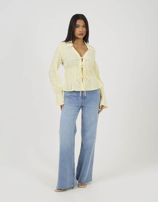 Brave Soul Long sleeve tie front smock top in lemon, 3 of 4