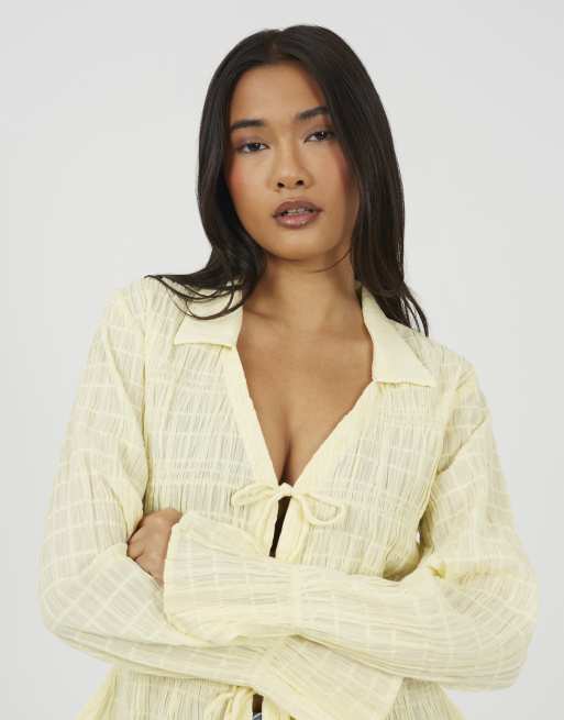 Brave Soul Long sleeve tie front smock top in lemon, 4 of 4