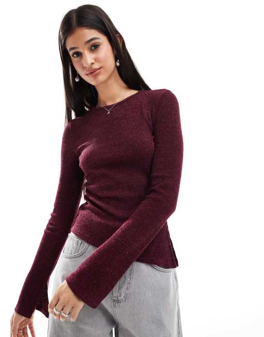 Brave Soul long sleeve top in burgundy with asymmetric hem