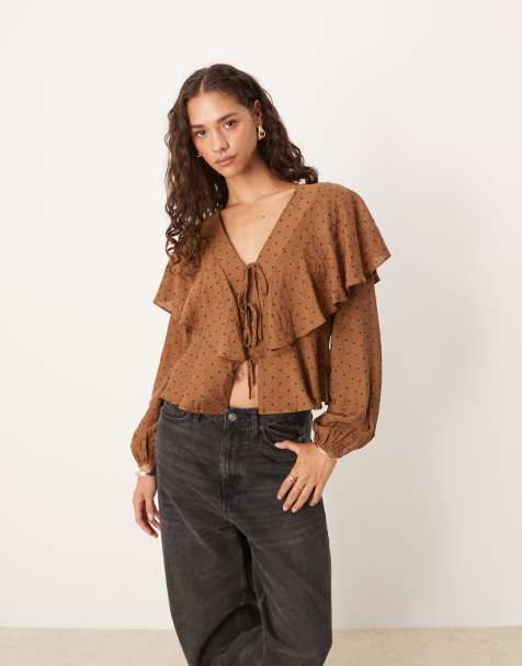 Brave Soul Long sleeve top with frill detail in brown - view 1