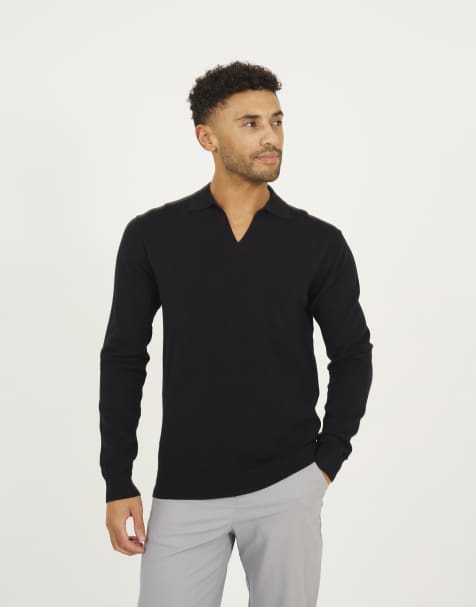 Brave Soul Long sleeve trophy neck polo in black