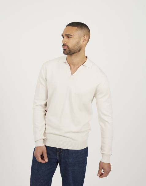 Brave Soul Long sleeve trophy neck polo in cream