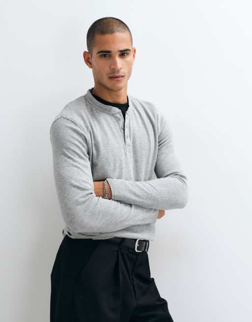 Brave Soul long sleeve waffle knit t-shirt in light grey marl, 4 of 5