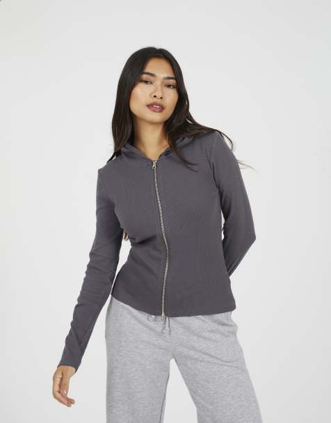 Brave Soul Long sleeve zip through hoodie top in dark grey - view 1