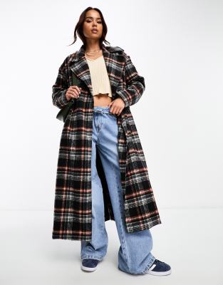 Brave Soul longline belted formal coat in black/rust check