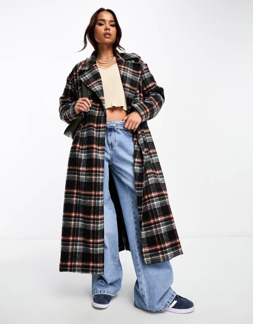 Brave Soul longline belted formal coat in black/rust check | ASOS