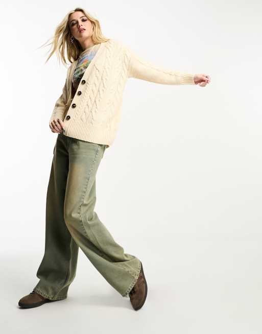 Brave Soul longline cable knit cardigan in oatmeal