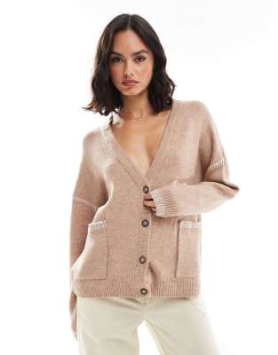 Brave Soul longline cardigan in beige with contrast stitch detail