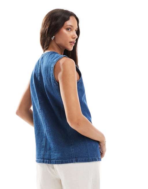 Brave Soul longline cotton denim vest with tie front in blue, 4 of 4