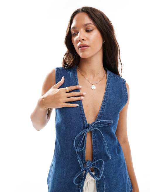 Brave Soul longline cotton denim waistcoat with tie front in blue, 2 of 4