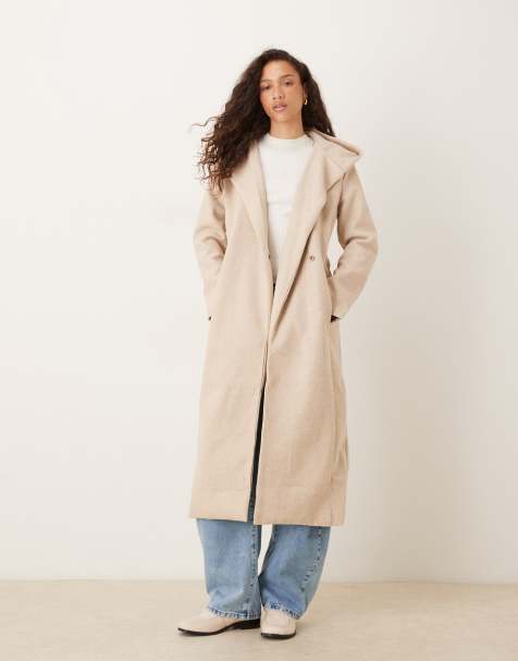 Brave Soul Longline hooded coat with belt in beige - view 1