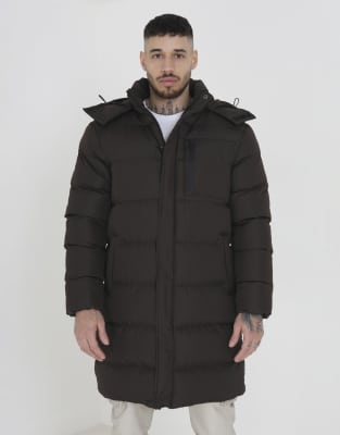 Brave Soul Longline hooded padded puffer jacket in brown