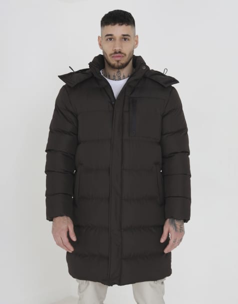 Brave Soul Longline hooded padded puffer jacket in brown - view 1