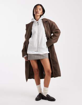 Brave Soul - Longline-Jacke aus Wollimitat in Braun mit Gürtel-Brown