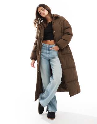 Brave Soul longline maxi puffer coat in brown