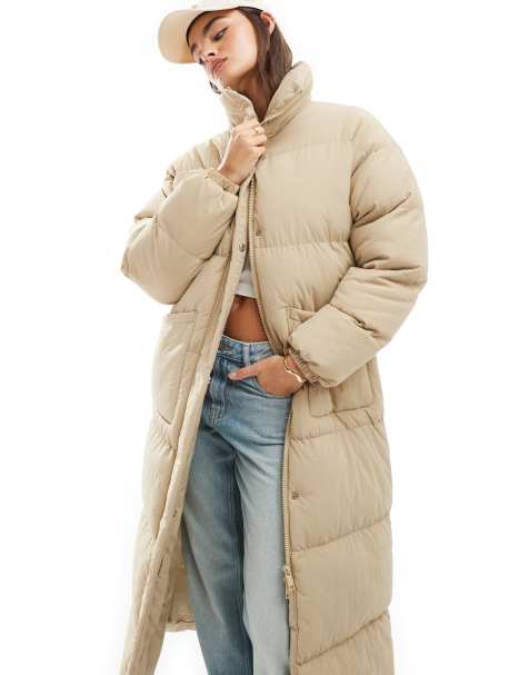Brave Soul longline maxi puffer coat in stone - view 1
