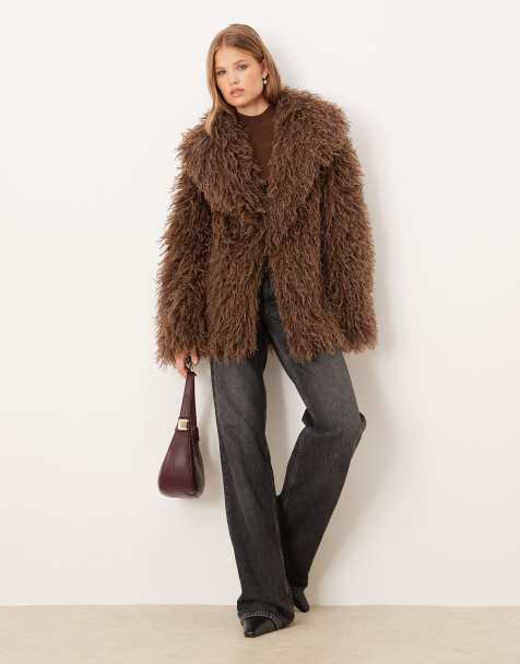 Brave Soul longline mongolian faux fur jacket in chocolate brown - view 1