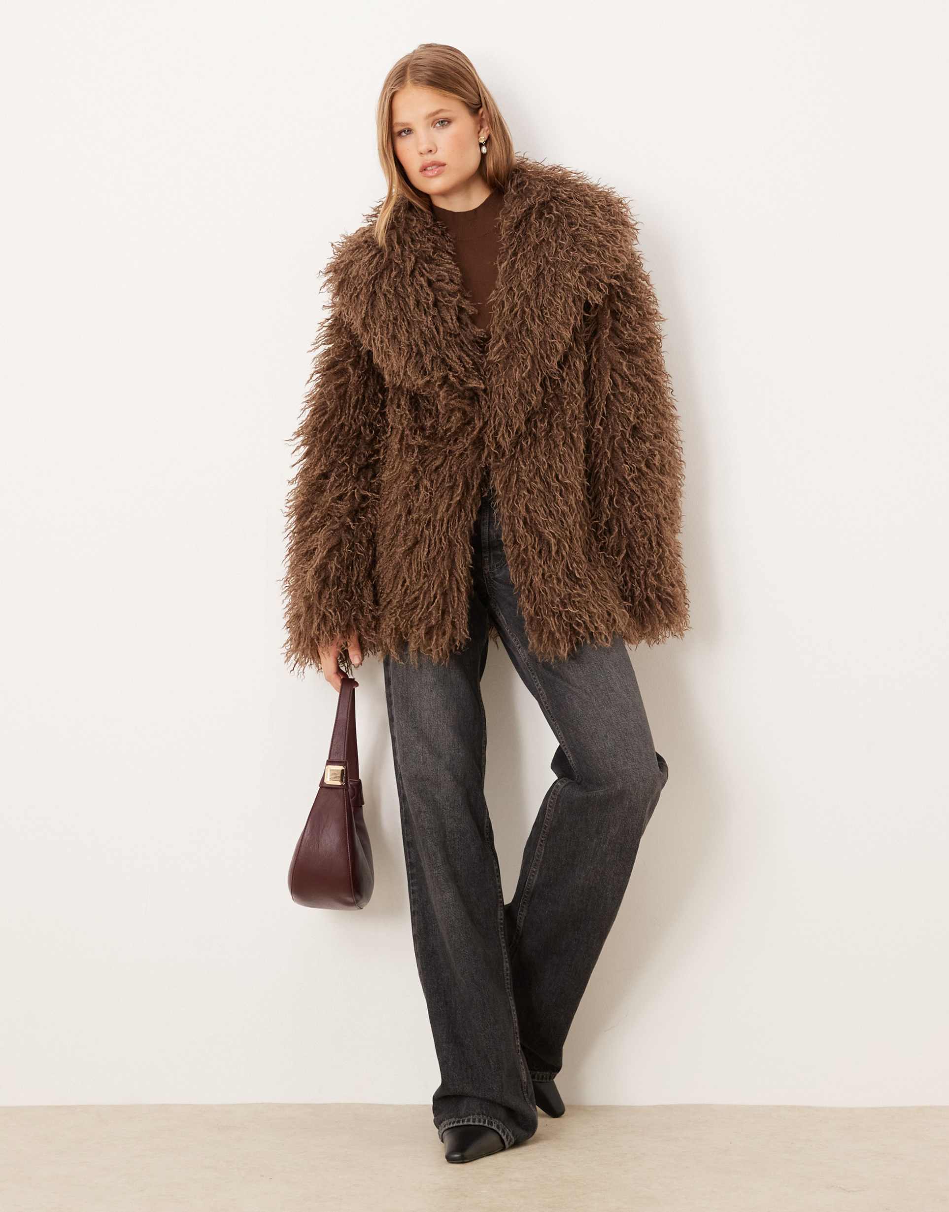 brave soul longline mongolian faux fur jacket in chocolate brown