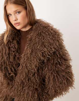 Brave Soul Longline Mongolian Faux Fur Jacket In Brown