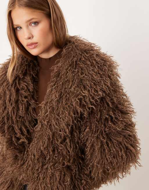 Brave Soul longline Mongolian faux fur jacket in chocolate brown, 2 of 4